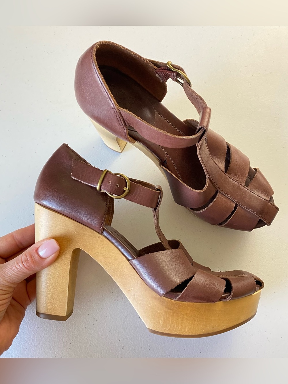 1937 Footwear Size 6 Chocolate Brown Leather Closed Cage Ankle Strap Wooden Heel